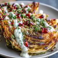 Smoky grilled cabbage wedges drizzled with creamy tahini sauce, topped with fresh parsley and ruby pomegranate seeds.