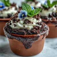 Rich Mother's Day Flower Pot Brownies topped with creamy frosting and crunchy Oreo dirt, decorated with edible flowers in mini clay pots.  