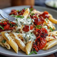 Creamy baked feta pasta with burst cherry tomatoes and fresh basil, ready to serve on a rustic wooden table.